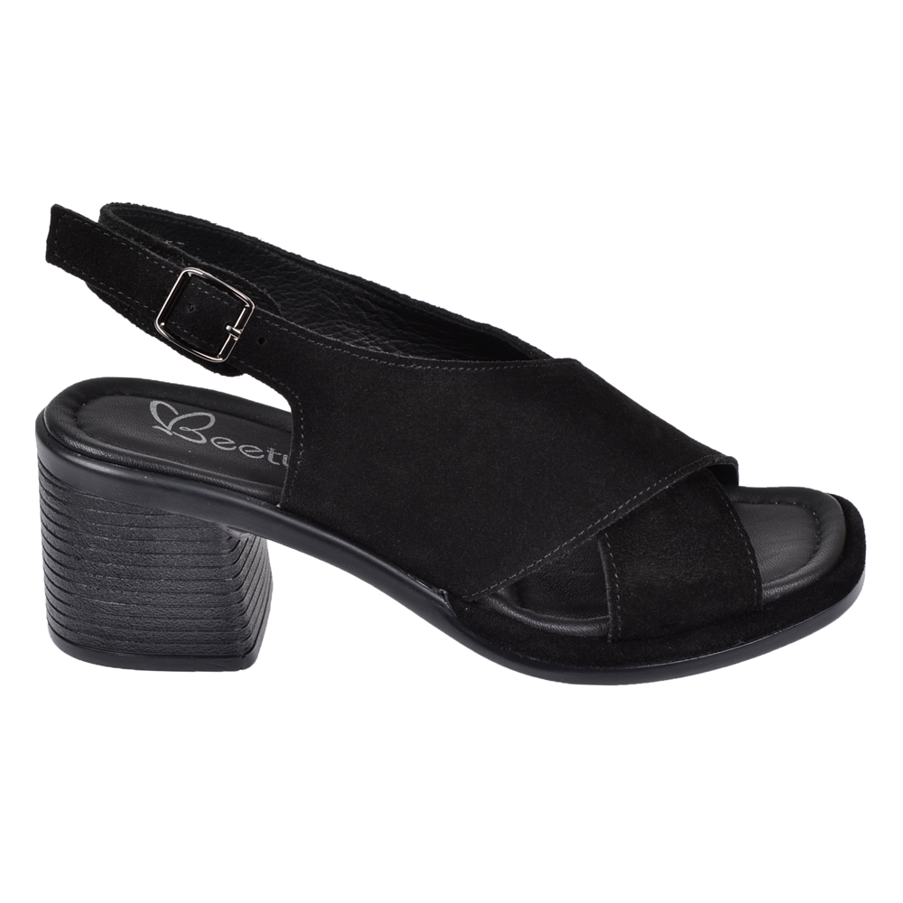 Beety Hakiki Deri 6,5 Cm Topuklu Kadın Sandalet BEE-4916 SİYAH SÜET