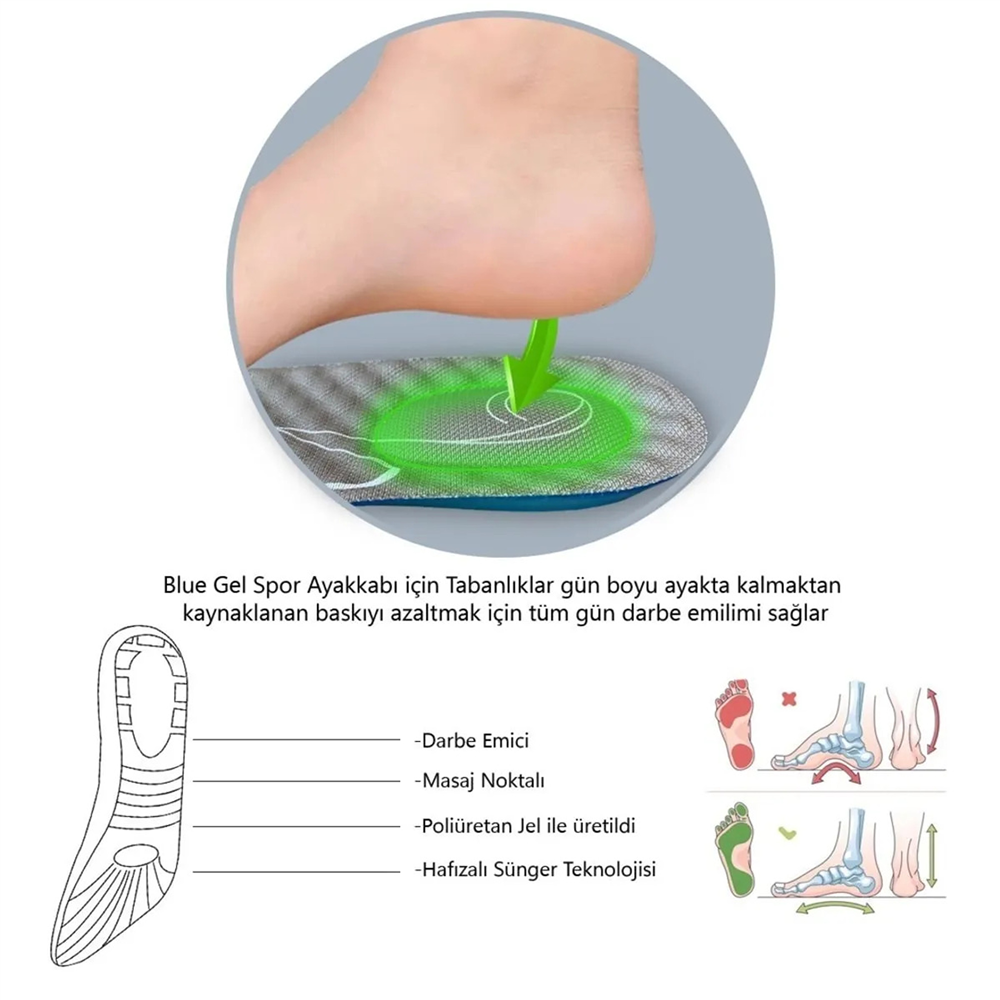 Blue Gel Darbe Emici, Topuk Destekli Masaj Yapan Erkek Spor Ayakkabı Tabanlığı 199-MM-
