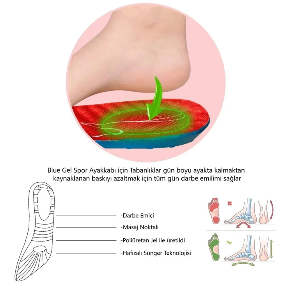 Blue Gel Memory Foam, Darbe Emici, Masaj Noktalı, Yumuşak, Kadın Spor Ayakkabı Tabanlığı 199-MW