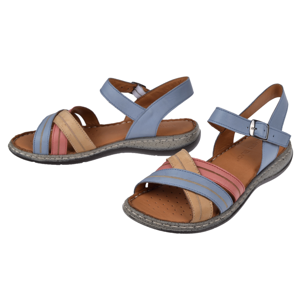 Castle Black Hakiki Deri Comfort Kadın Sandalet CB-22382   MAVİ MULTİ