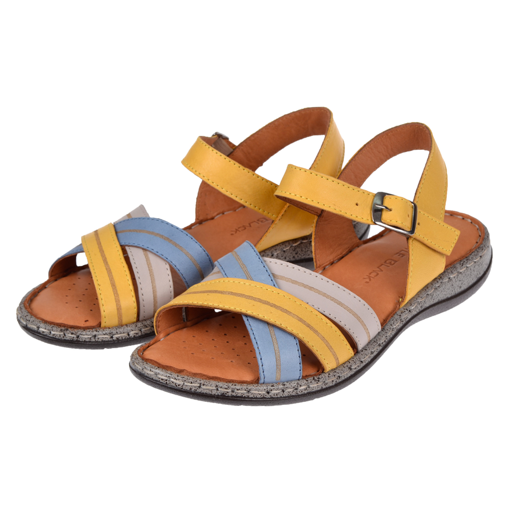 Castle Black Hakiki Deri Comfort Kadın Sandalet CB-22382 SARI MULTİ