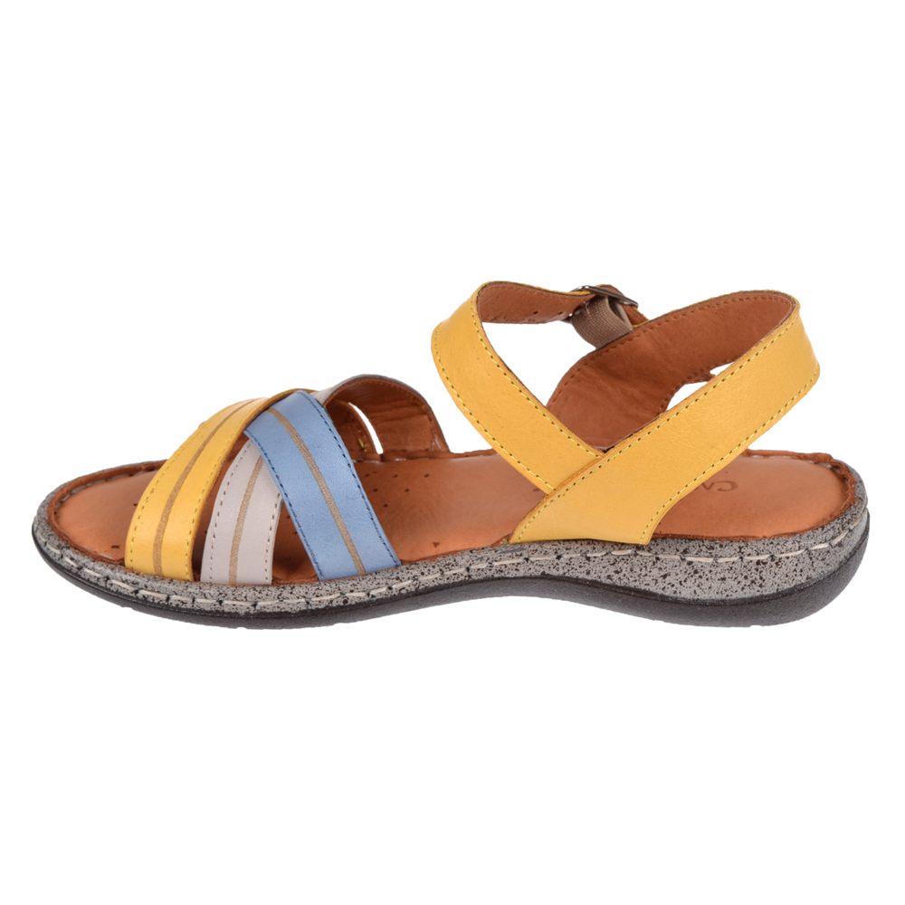 Castle Black Hakiki Deri Comfort Kadın Sandalet CB-22382 SARI MULTİ