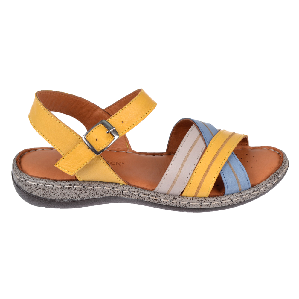 Castle Black Hakiki Deri Comfort Kadın Sandalet CB-22382 SARI MULTİ