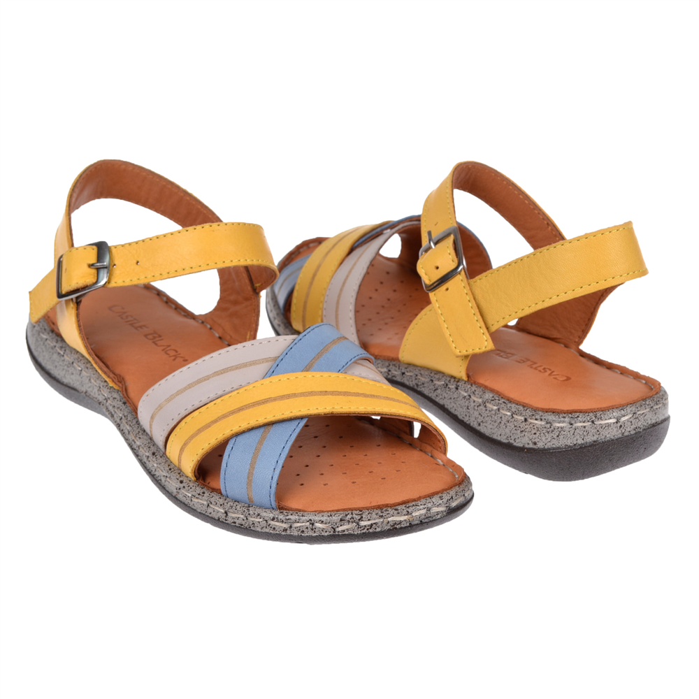 Castle Black Hakiki Deri Comfort Kadın Sandalet CB-22382 SARI MULTİ