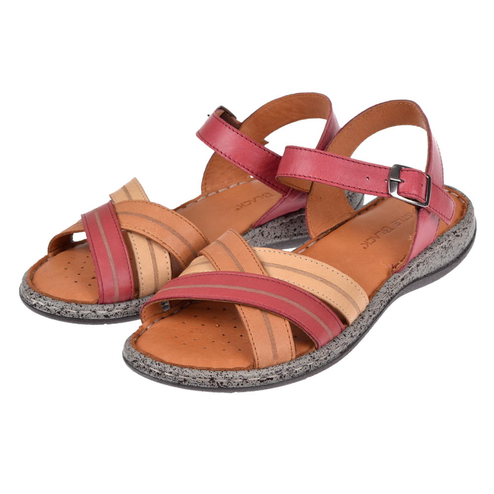 Castle Black Hakiki Deri Comfort Kadın Sandalet CB-22382 KIRMIZI MULTİ