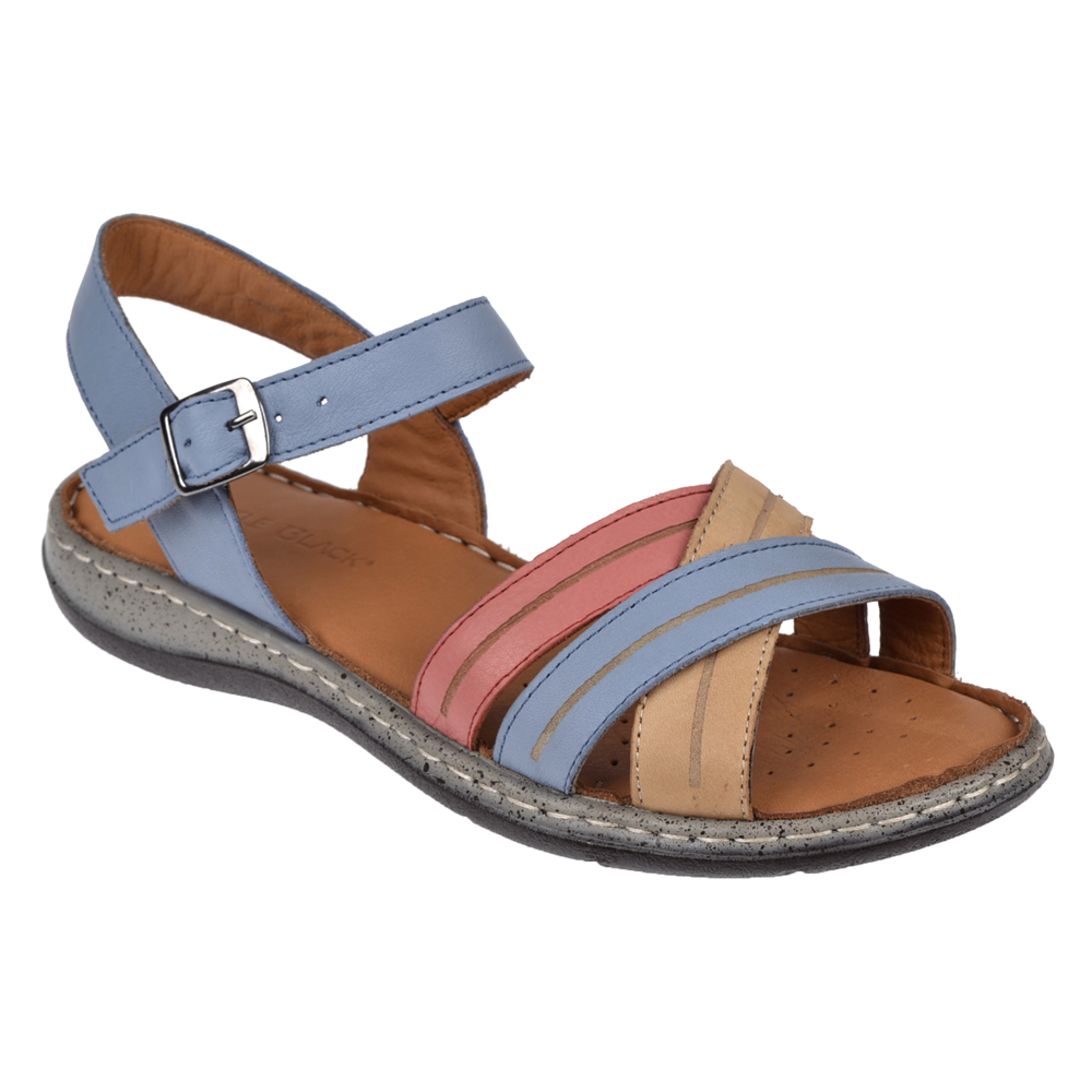 Castle Black Hakiki Deri Comfort Kadın Sandalet CB-22382   MAVİ MULTİ