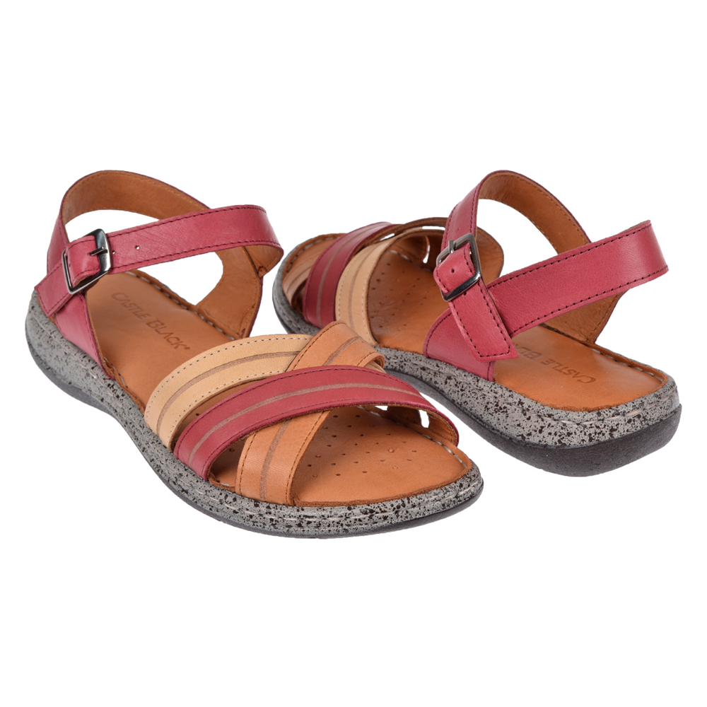 Castle Black Hakiki Deri Comfort Kadın Sandalet CB-22382 KIRMIZI MULTİ