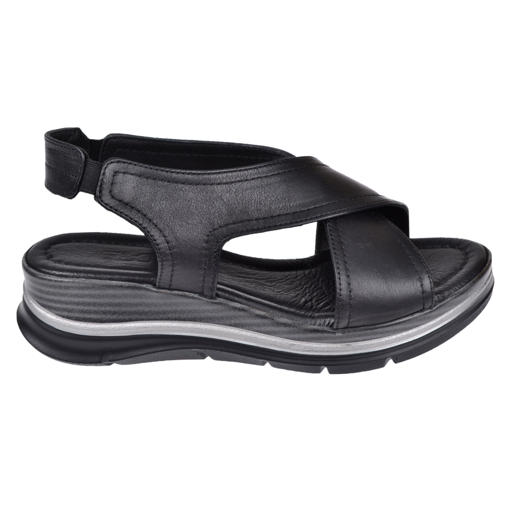 Floor Hakiki Deri Çapraz Bantlı Kadın Sandalet MAK-2562 SİYAH