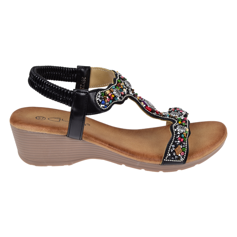 Guja Taş Detaylı 5Cm Dolgu Tabanlı Kadın Sandalet GJ-26Y226 SİYAH