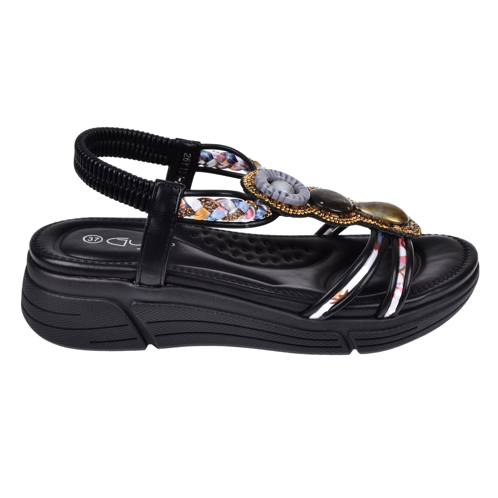 Guja Taşlı Comfort 5Cm Dolgu Taban Kadın Sandalet GJ-26Y1542 SİYAH