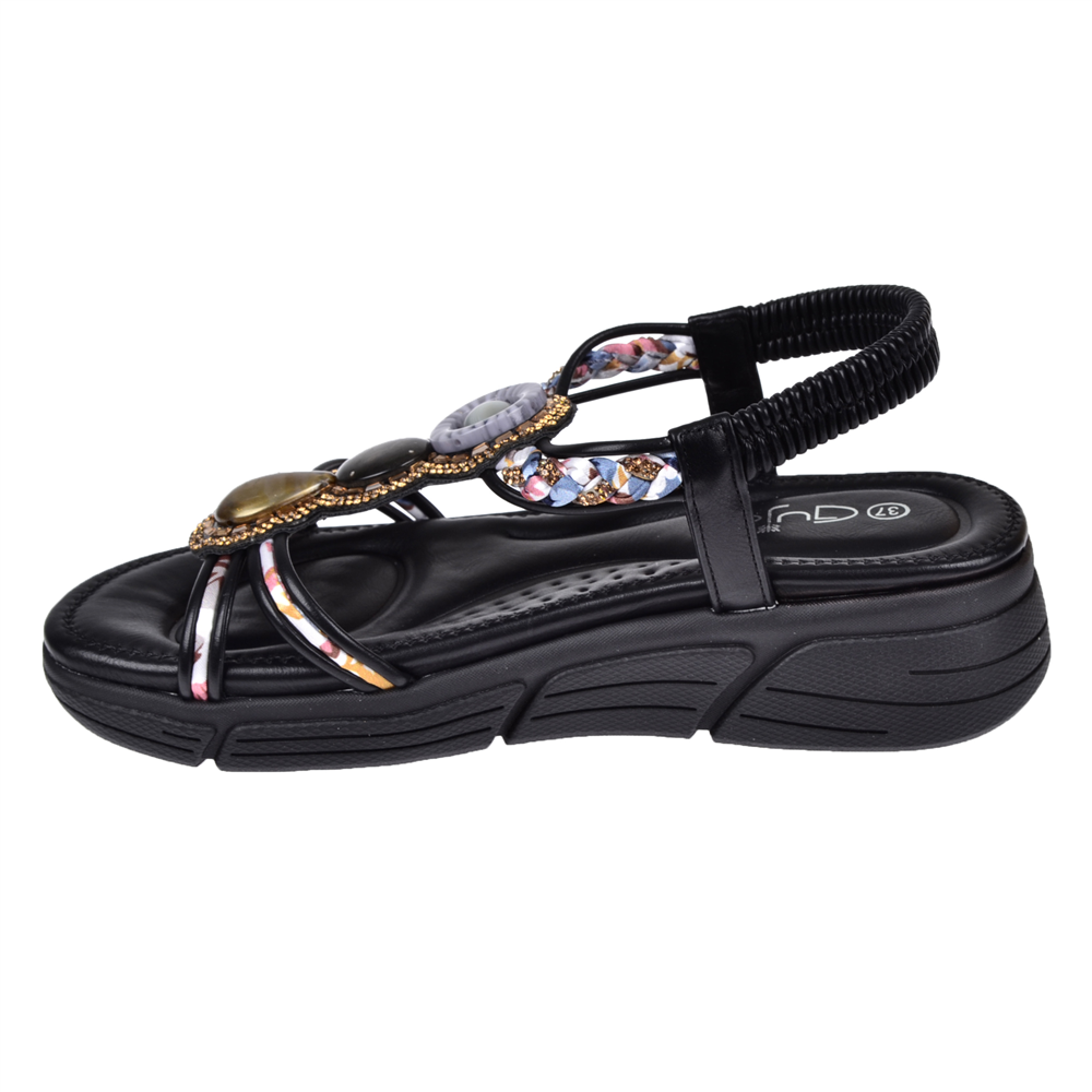 Guja Taşlı Comfort 5Cm Dolgu Taban Kadın Sandalet GJ-26Y1542 SİYAH