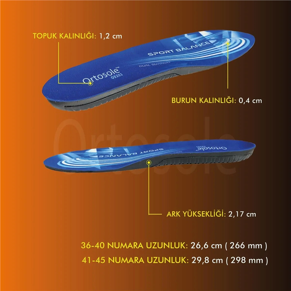 Ortosole Ark ve Jel Destekli Ortopedik Erkek Spor Tabanlığı 203-MM   STANDART