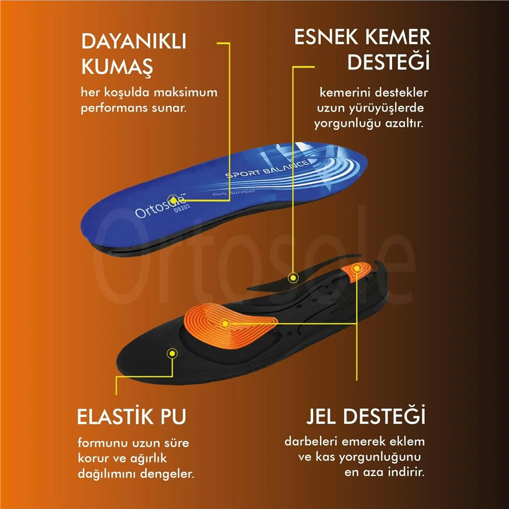 Ortosole Ark ve Jel Destekli Ortopedik Erkek Spor Tabanlığı 203-MM   STANDART