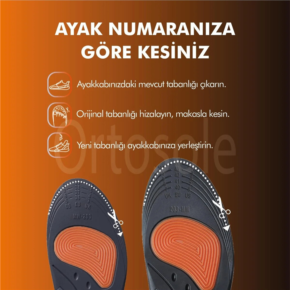 Ortosole Ark ve Jel Destekli Ortopedik Erkek Spor Tabanlığı 203-MM   STANDART