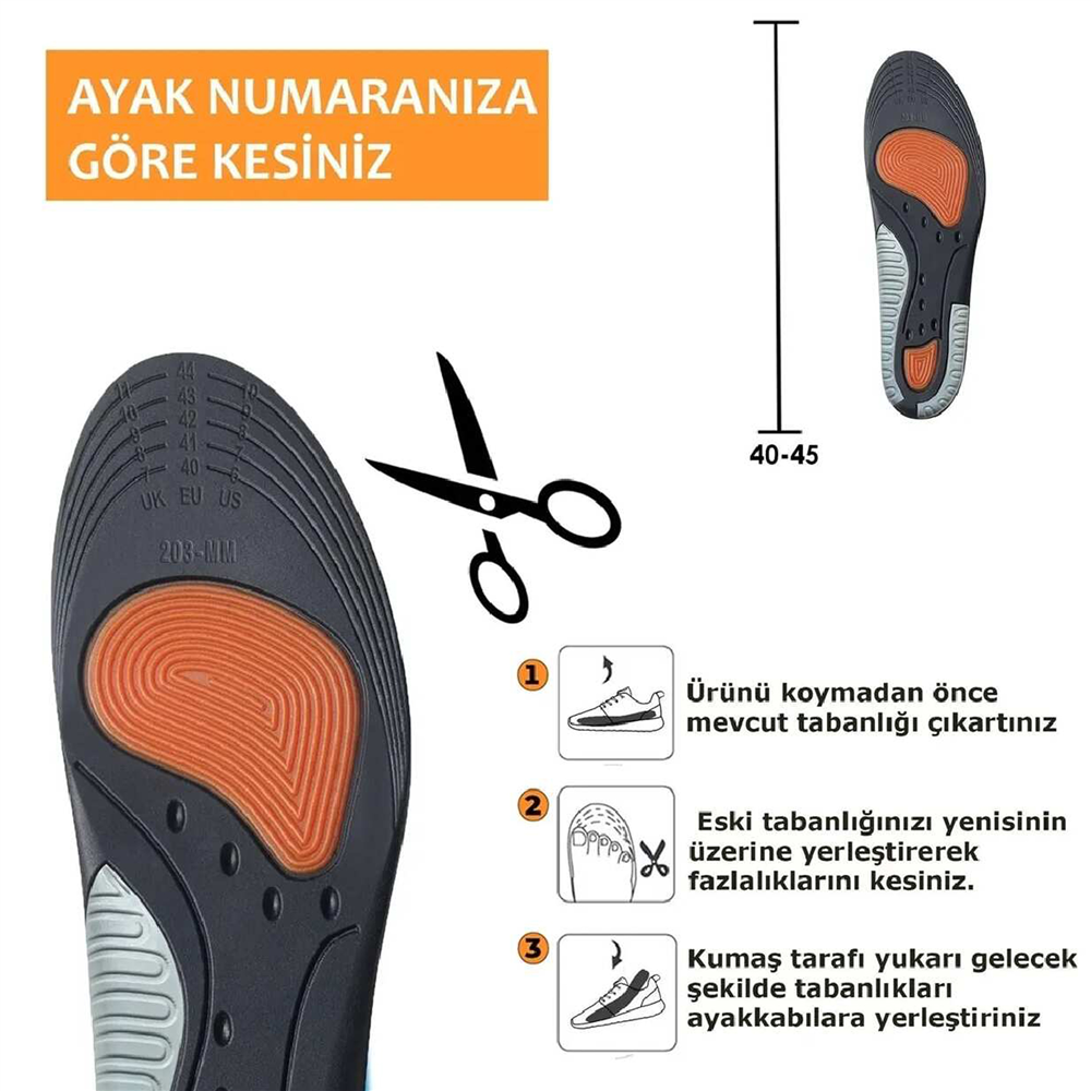 Ortosole Ark ve Jel Destekli Ortopedik Erkek Spor Tabanlığı 203-MM-STANDART