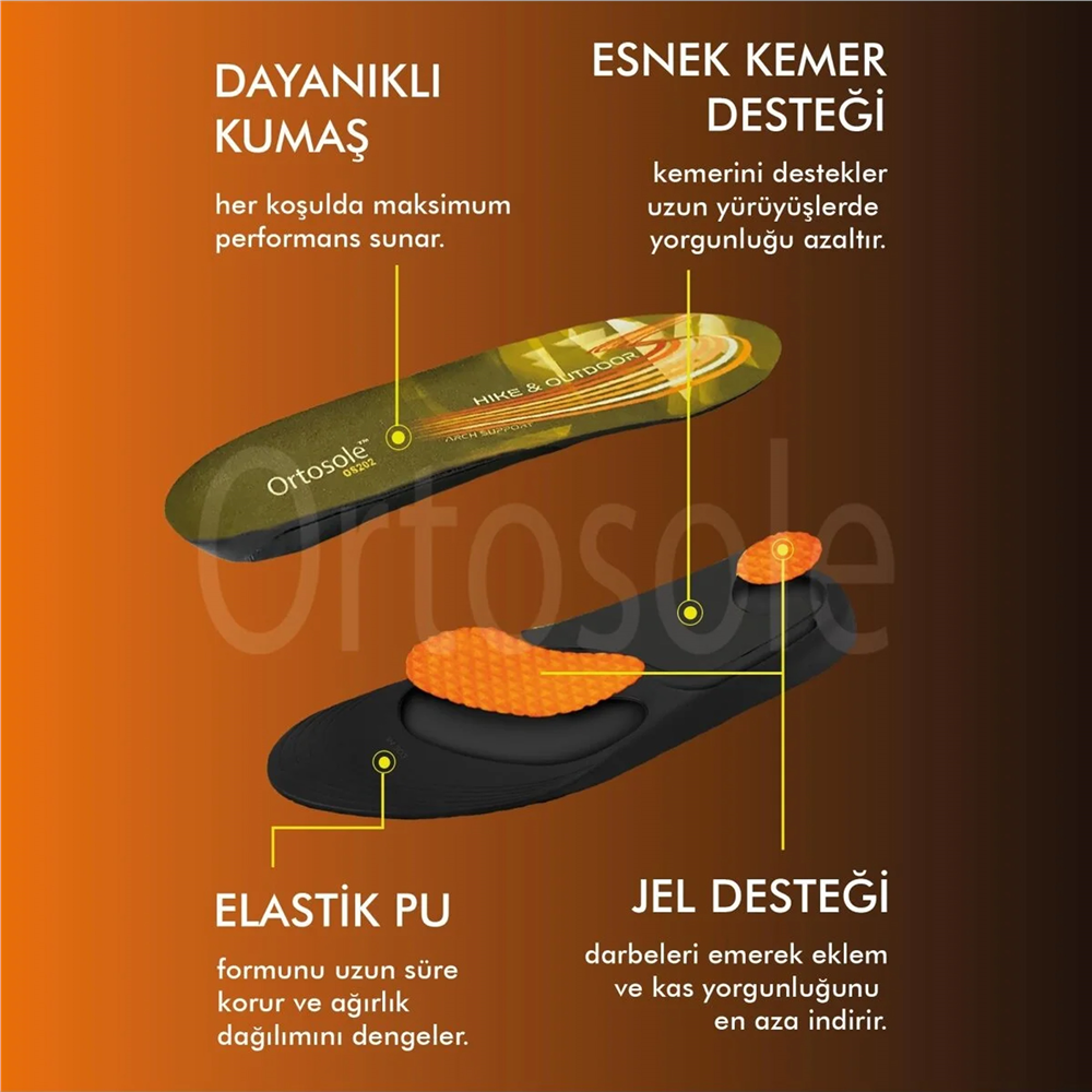 Ortosole Ark Ve Jel Destekli ,Zorlu Arazi Ve Tırmanışlar İçin Ortopedik Erkek Tabanlık 202-MM   STANDART