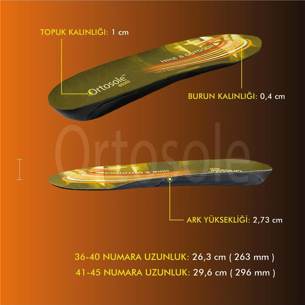 Ortosole Ark Ve Jel Destekli ,Zorlu Arazi Ve Tırmanışlar İçin Ortopedik Erkek Tabanlık 202-MM   STANDART