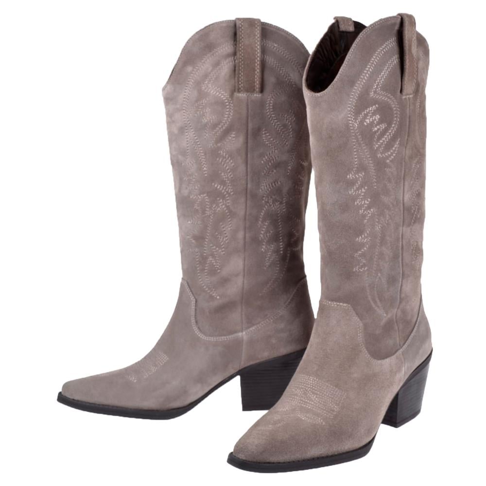 Pullman Hakiki Deri İşlemeli Western Kadın Çizme PLM-011   VİZON SÜET