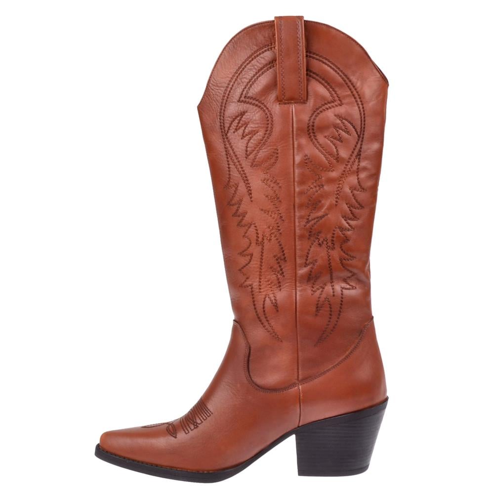 Pullman Hakiki Deri İşlemeli Western Kadın Çizme PLM-011   TABA