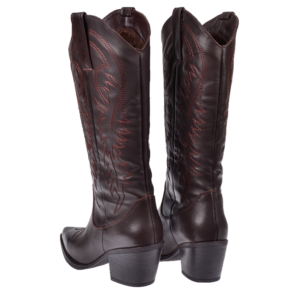 Pullman Hakiki Deri İşlemeli Western Kadın Çizme PLM-011-KOYU KAHVE