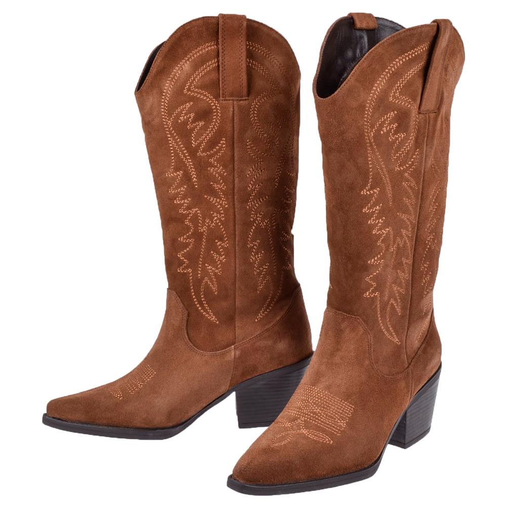 Pullman Hakiki Deri İşlemeli Western Kadın Çizme PLM-011   TABA SÜET