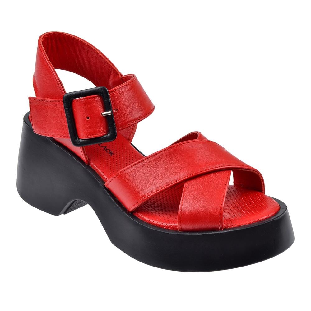 Pullman Hakiki Deri Kalın Taban Kadın Sandalet SK-42627   KIRMIZI