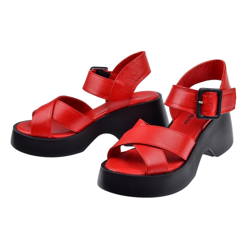Pullman Hakiki Deri Kalın Taban Kadın Sandalet SK-42627   KIRMIZI