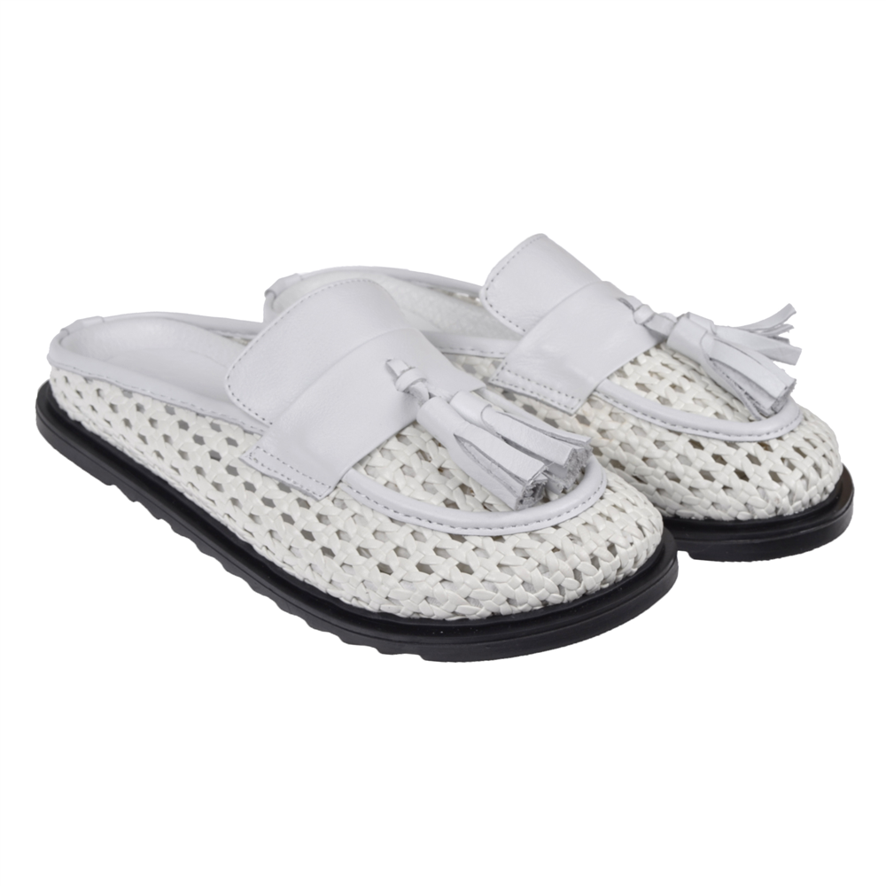 Pullman Hakiki Deri Örgülü Kadın Terlik PLM-2611   BEYAZ
