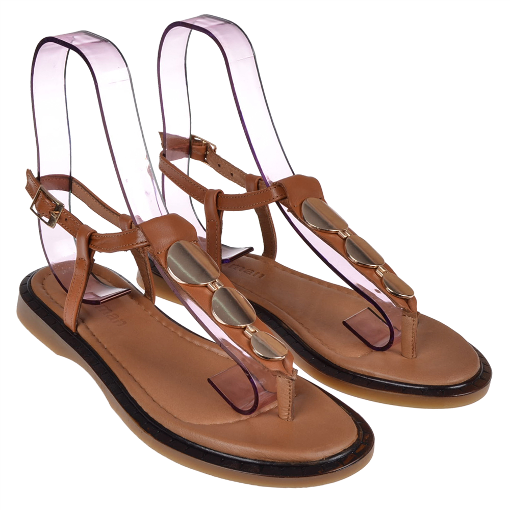 Pullman Hakiki Deri Parmak Arası Kadın Sandalet BEL-26650   TABA
