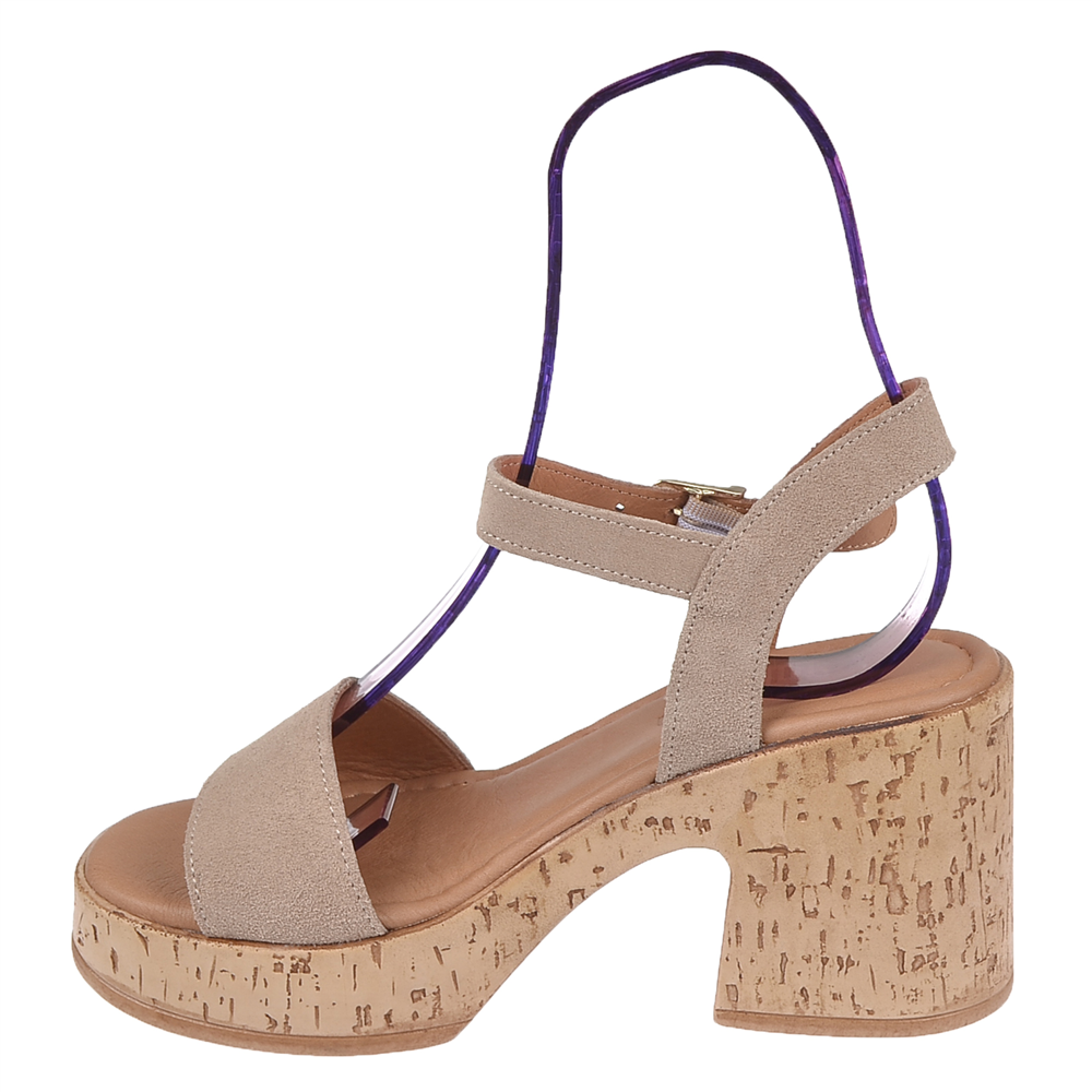 Pullman Hakiki Deri Platform Taban Kadın Sandalet PLM-26158 VİZON SÜET