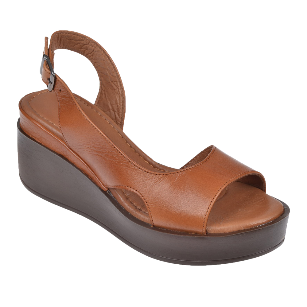 Pullman Hakiki Deri Platform Taban Kadın Sandalet BEL-1425 TABA