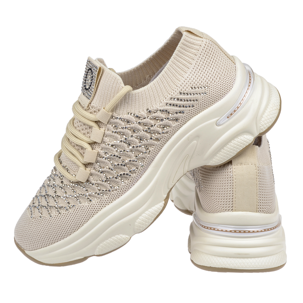 Voyager Taş Detaylı Triko Kadın Spor Ayakkabı Sneaker VOY-064 BEJ