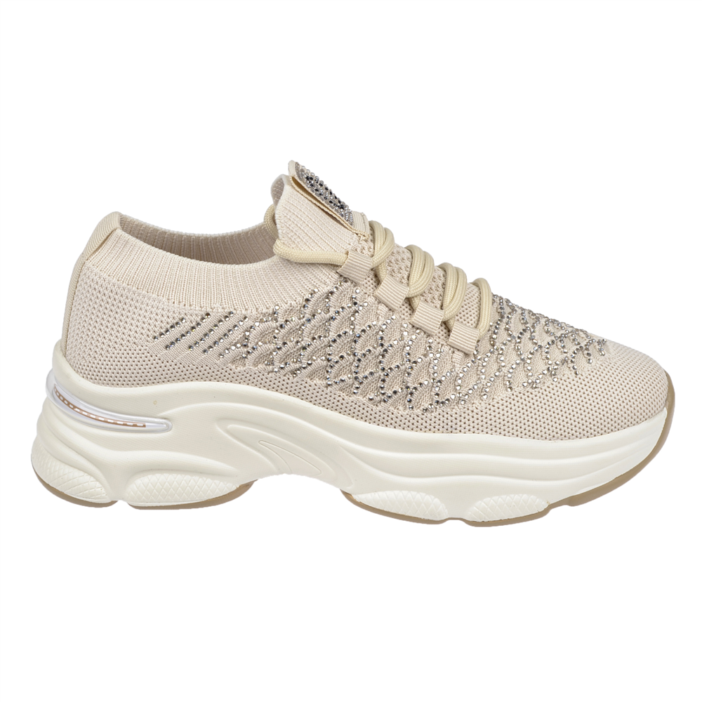 Voyager Taş Detaylı Triko Kadın Spor Ayakkabı Sneaker VOY-064 BEJ