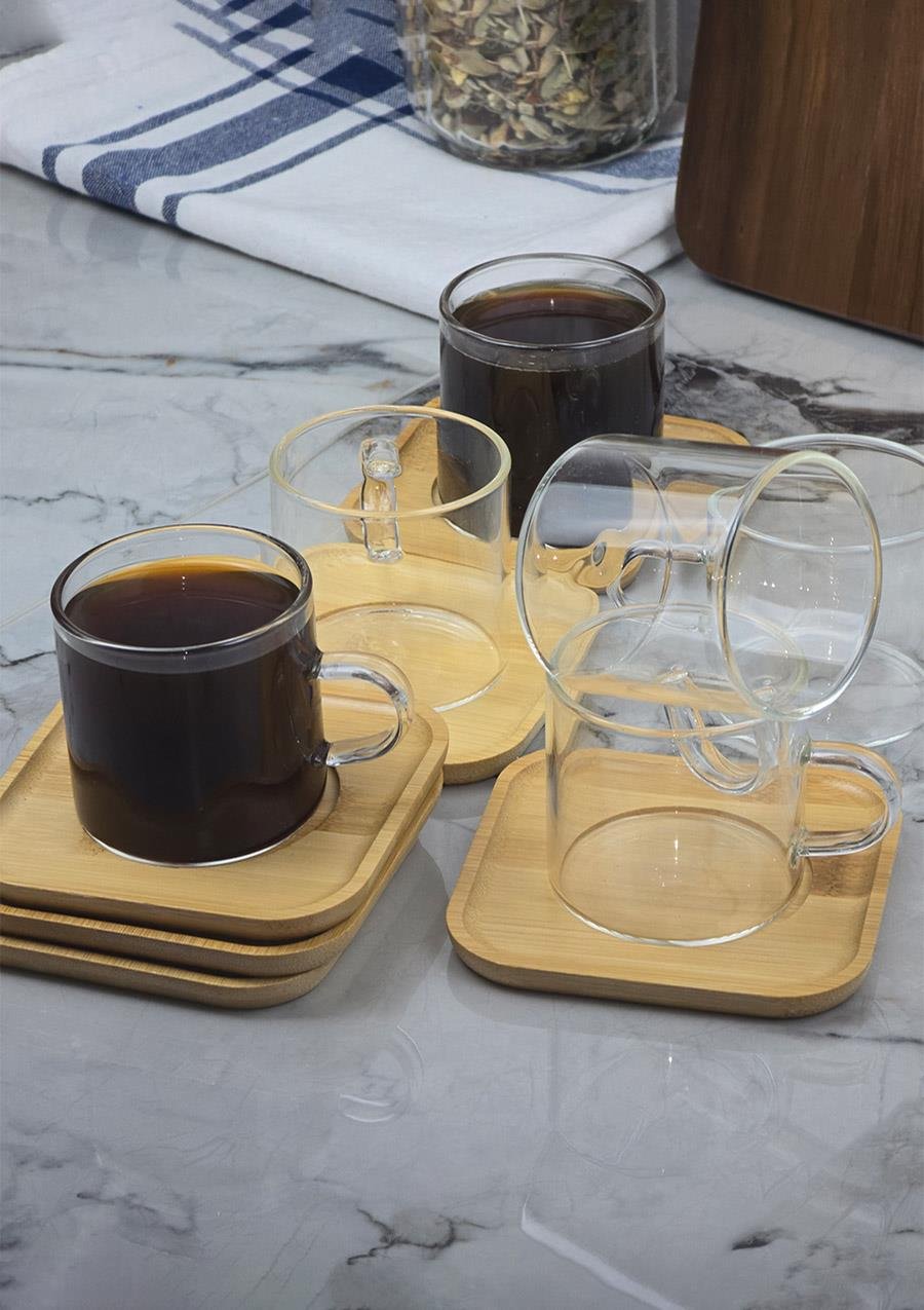 2li Kahve Fincan Takımı - Bambu Tabaklı Kahve Fincan Seti - 4 Parça - 100 ML
