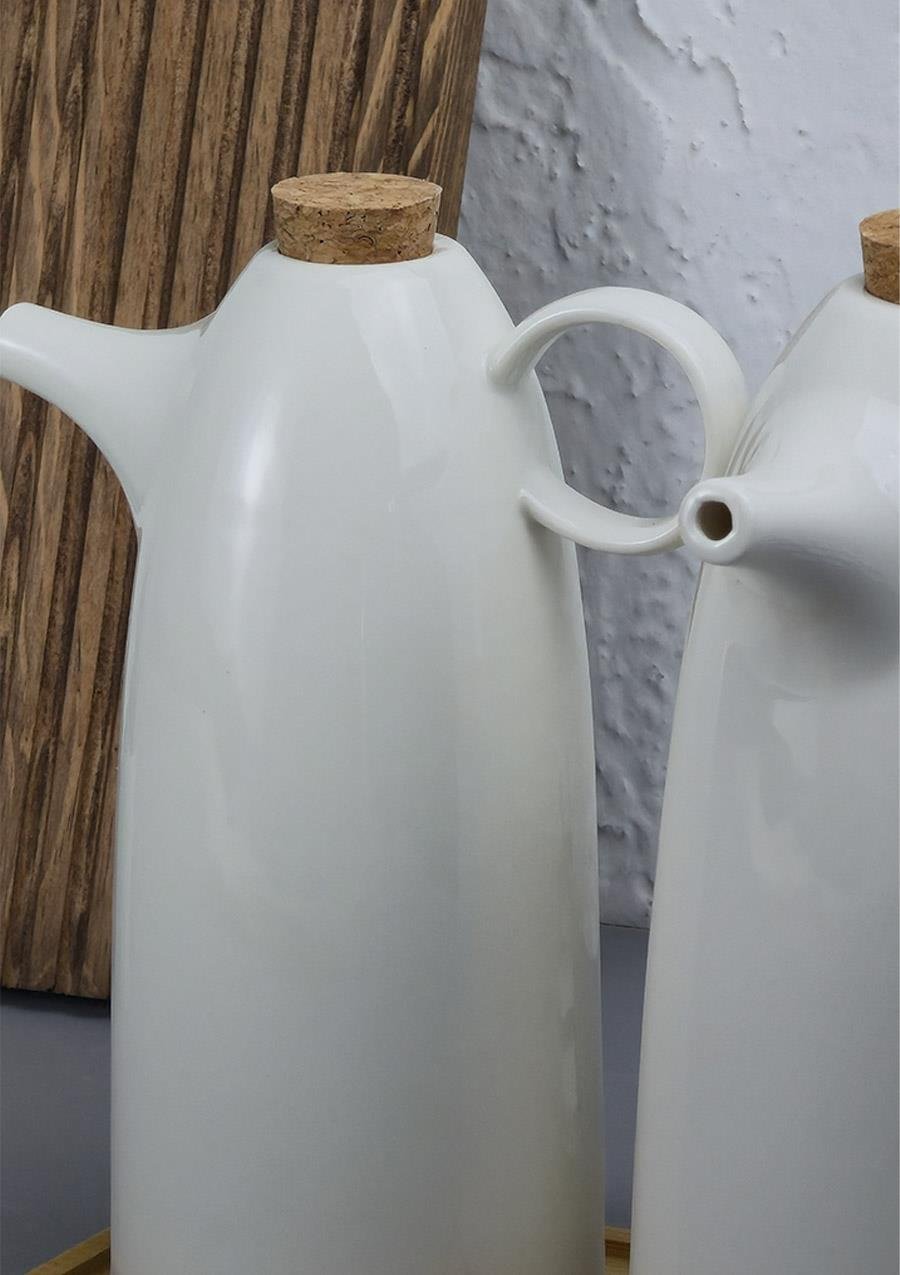 2'li Porselen Yağdanlık Seti - Bambu Altlıklı Yağlık Takımı - Mantar Kapak - 2x500 ML