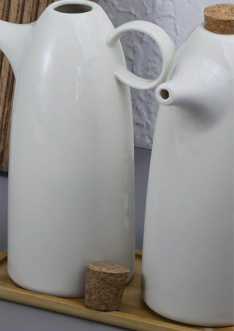2'li Porselen Yağdanlık Seti - Bambu Altlıklı Yağlık Takımı - Mantar Kapak - 2x500 ML
