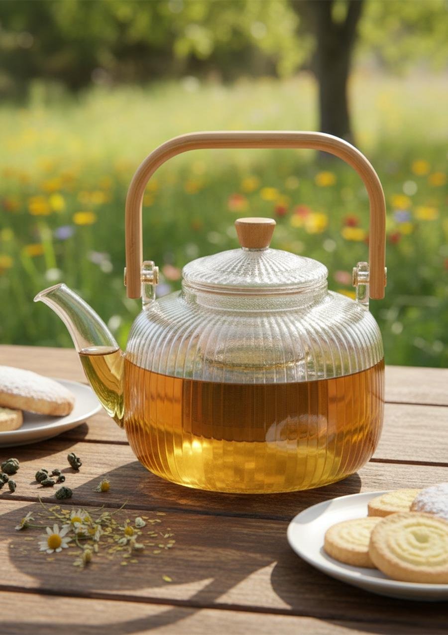 Bambu Saplı Cam Demlik - Cam Çaydanlık - 1 Litre