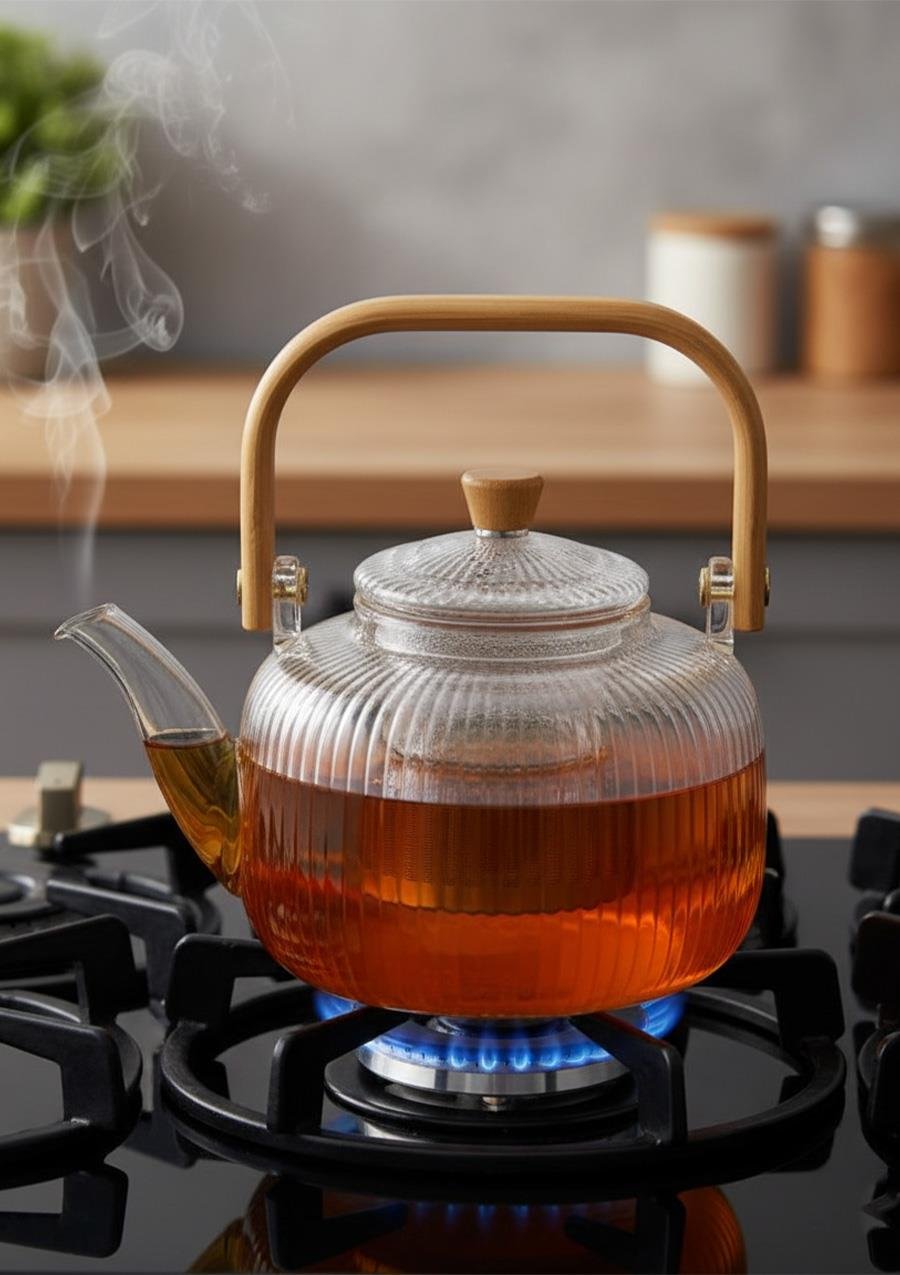 Bambu Saplı Cam Demlik - Cam Çaydanlık - 1 Litre