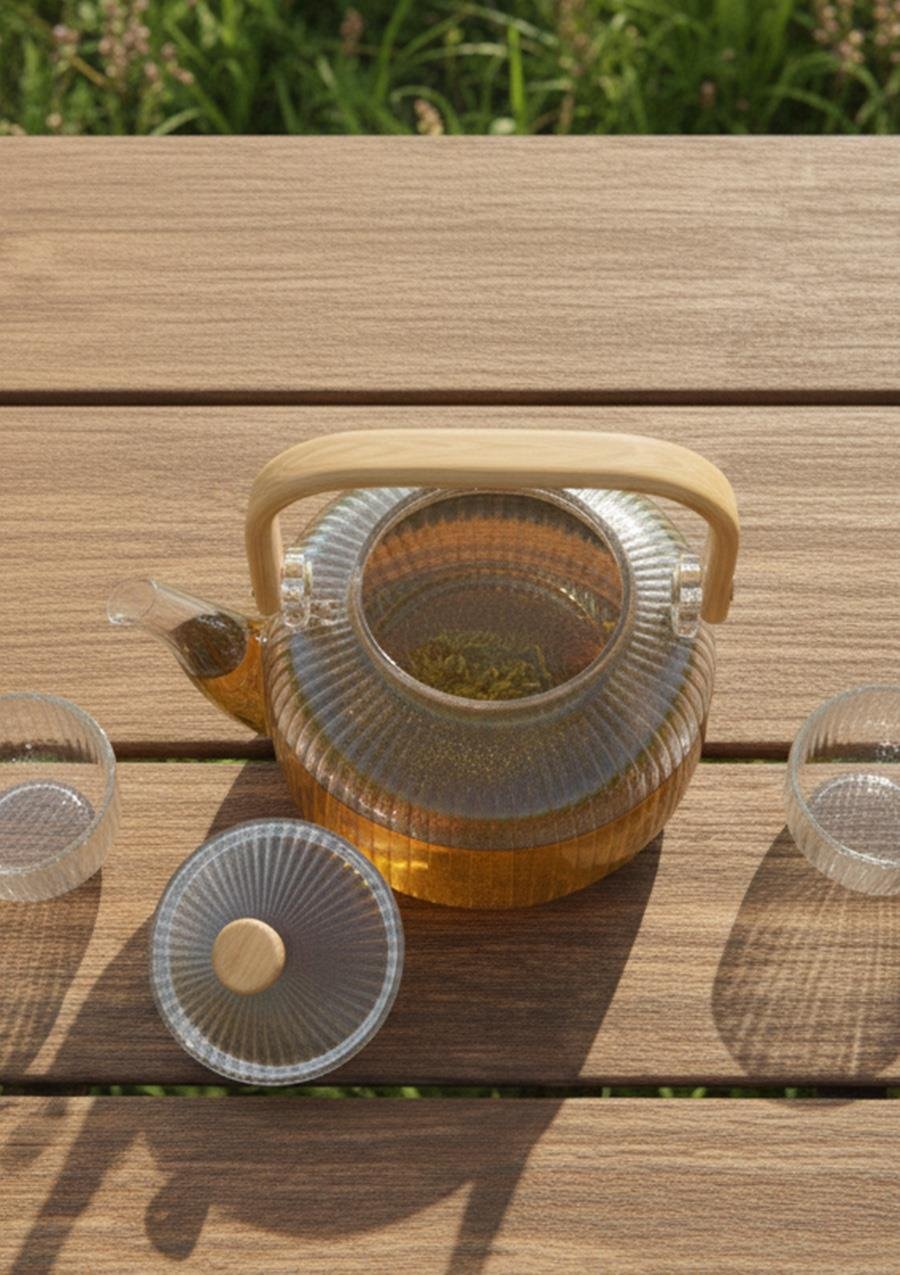 Bambu Saplı Cam Demlik - Cam Çaydanlık - 1 Litre