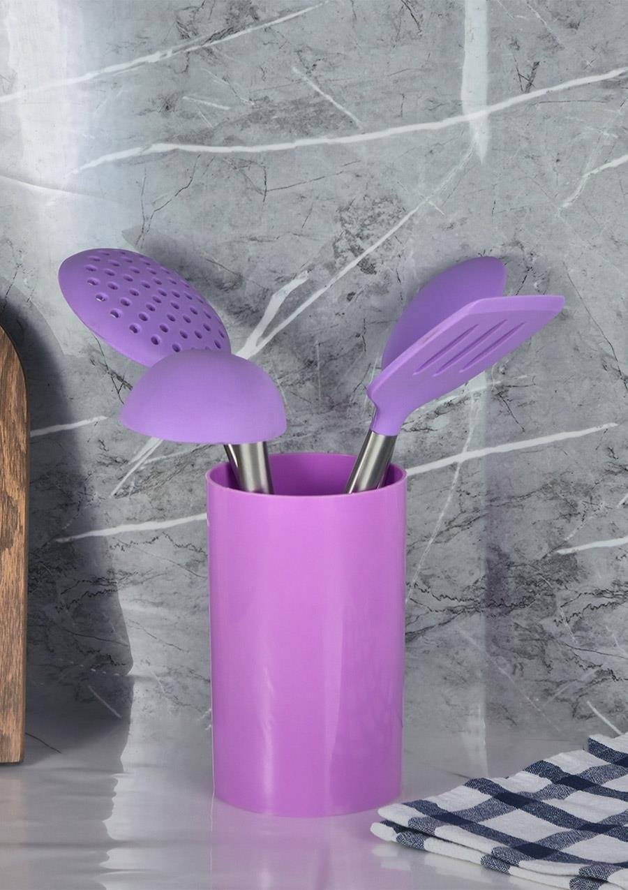 Hometarz Metal Saplı Mutfak Seti Standlı Kepçe Kevgir Kaşık Set