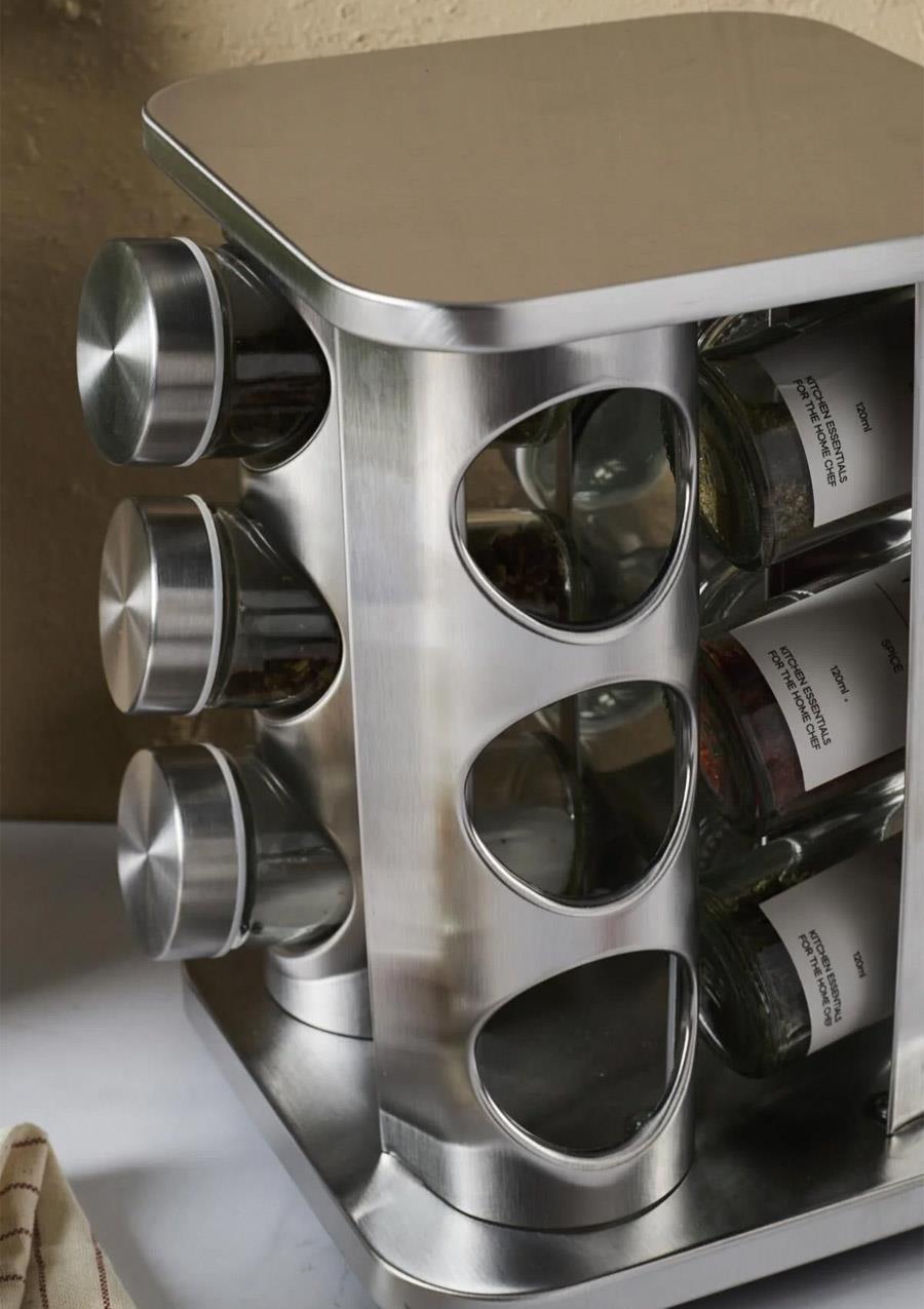 Metal Döner Standlı Kare Cam Metal Kapaklı Casa Inox 12`li Standlı Baharatlık Seti