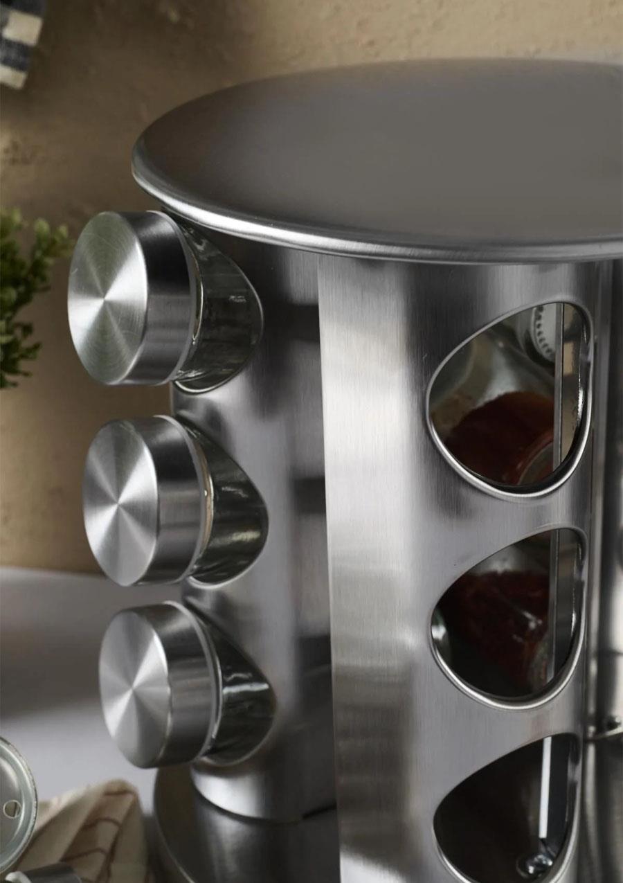 Metal Döner Standlı Yuvarlak Cam Metal Kapaklı Casa Inox 12`li Standlı Baharatlık Seti