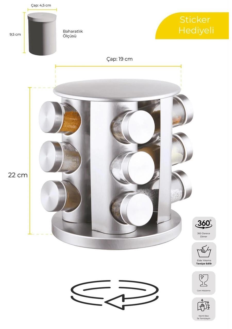 Metal Döner Standlı Yuvarlak Cam Metal Kapaklı Casa Inox 12`li Standlı Baharatlık Seti