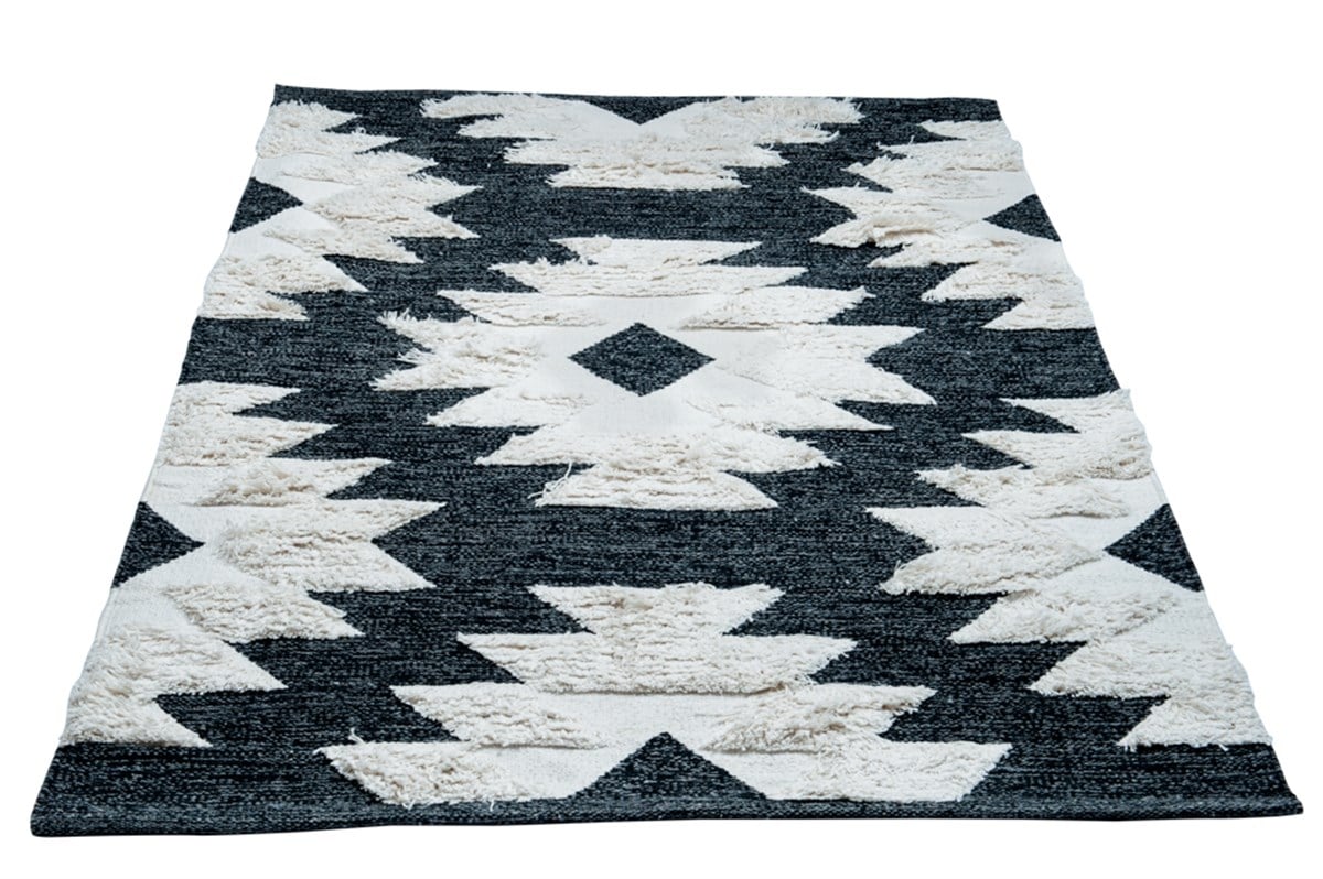 AFRO AFR 01 BLACK WHITE  Naturel Yıkanabilir Modern Desenli El Dokuma Hint Kilim