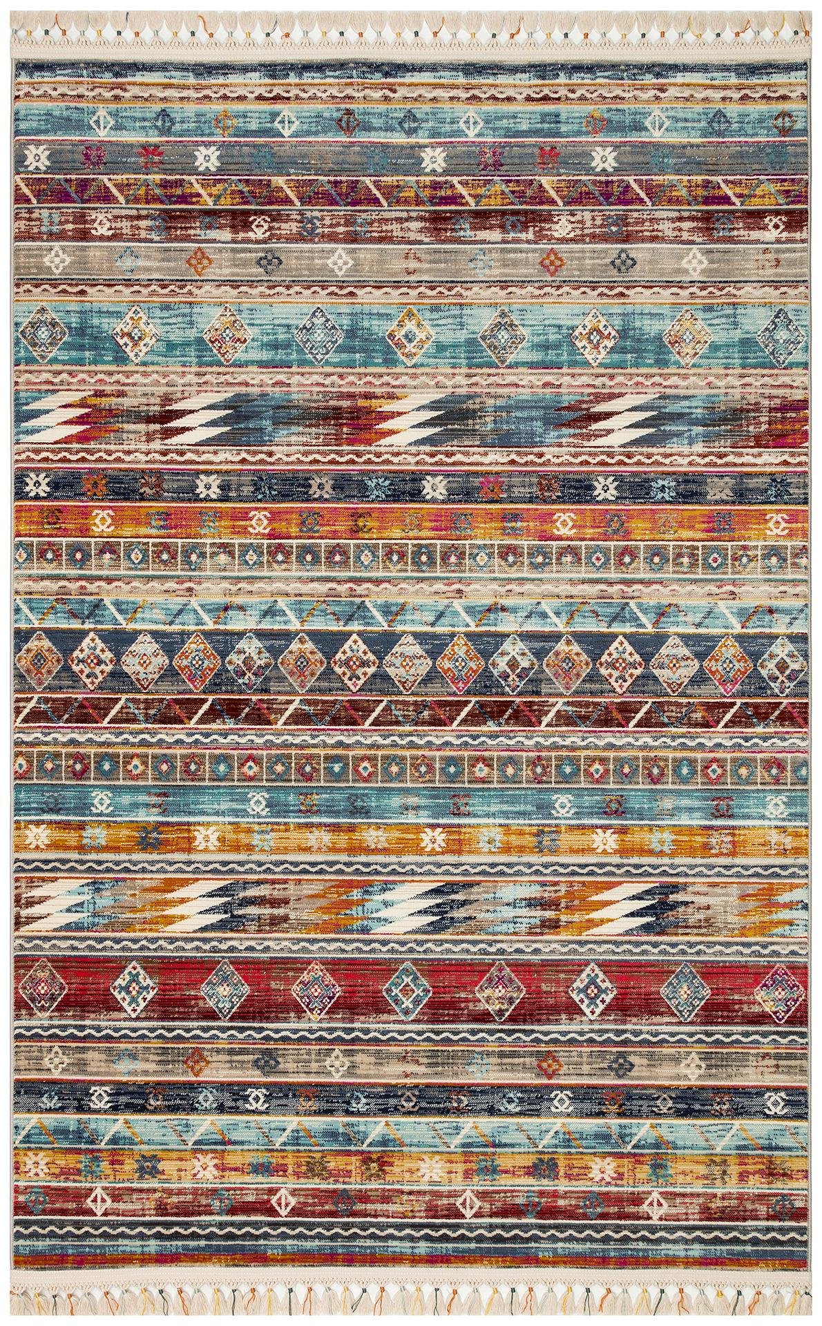PETRA PR 03 MULTY  Hav Toz Vermez Etnik ve Modern Desenli Renkli Saçaklı Halı