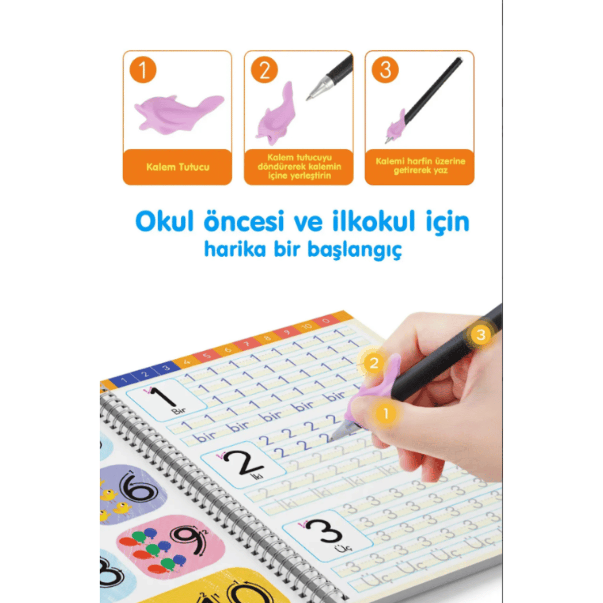 Harfleri ve Sayıları Yazmayı Kolayca Öğreten Kitap | Sihirli Uçan Kalemli Oluklu (Kabartmalı) | 4+ Yaş