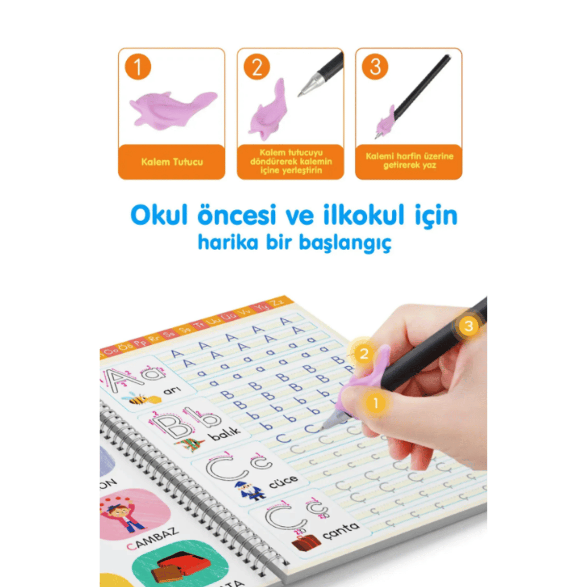 Harfleri ve Sayıları Yazmayı Kolayca Öğreten Kitap | Sihirli Uçan Kalemli Oluklu (Kabartmalı) | 4+ Yaş