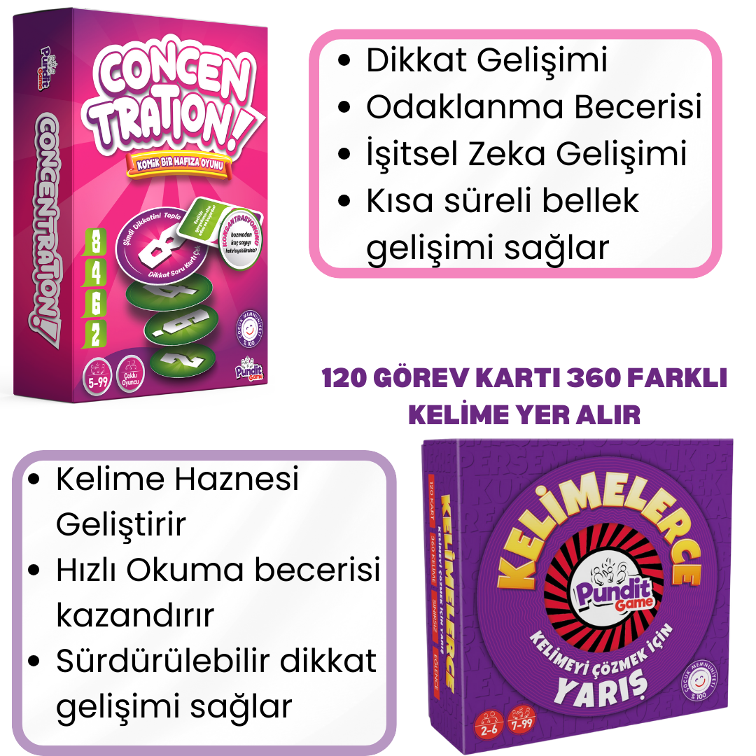 Kelimelerce - Concentration Kutu Oyunları Paketi | 7+ Yaş