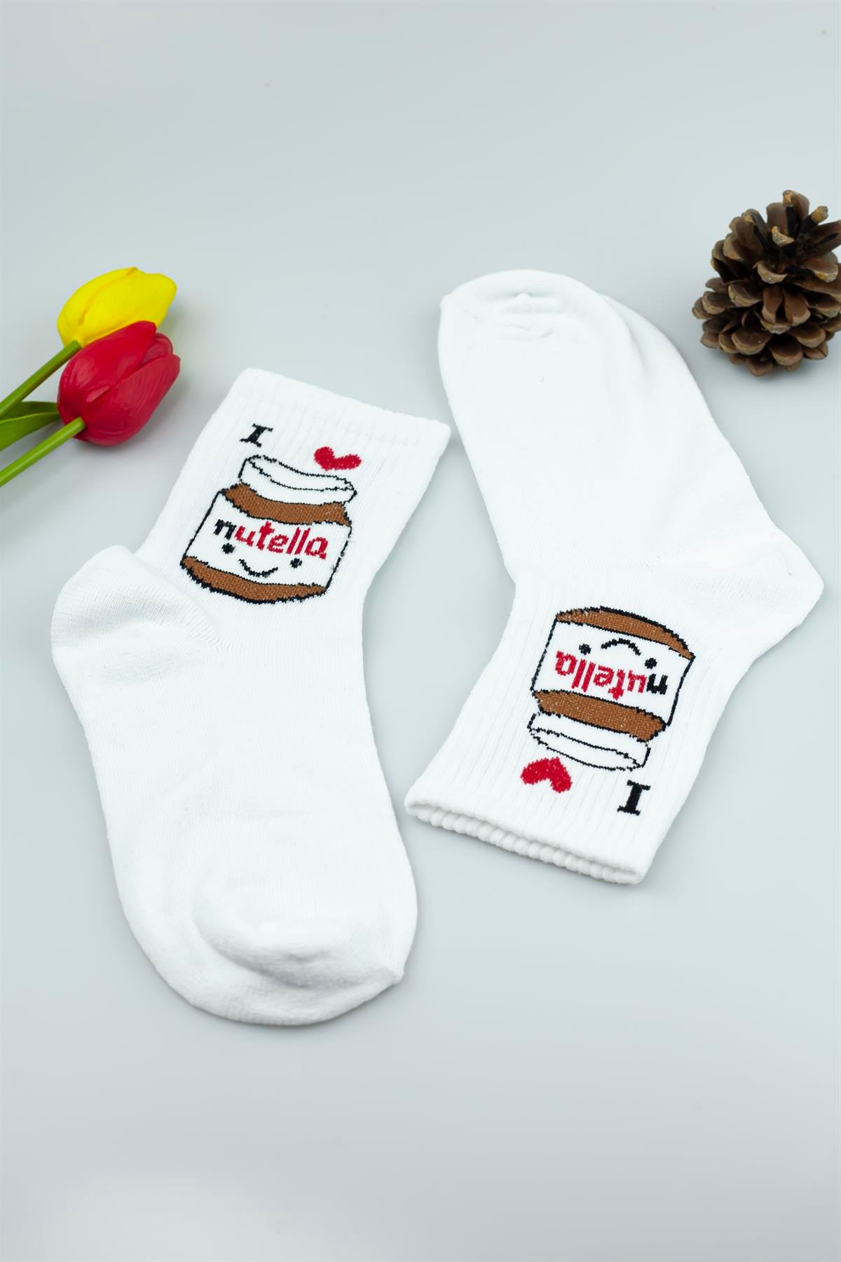 Beyaz Renk I Love Nutella Desenli Kolej Çorap Bay Bayan 4263