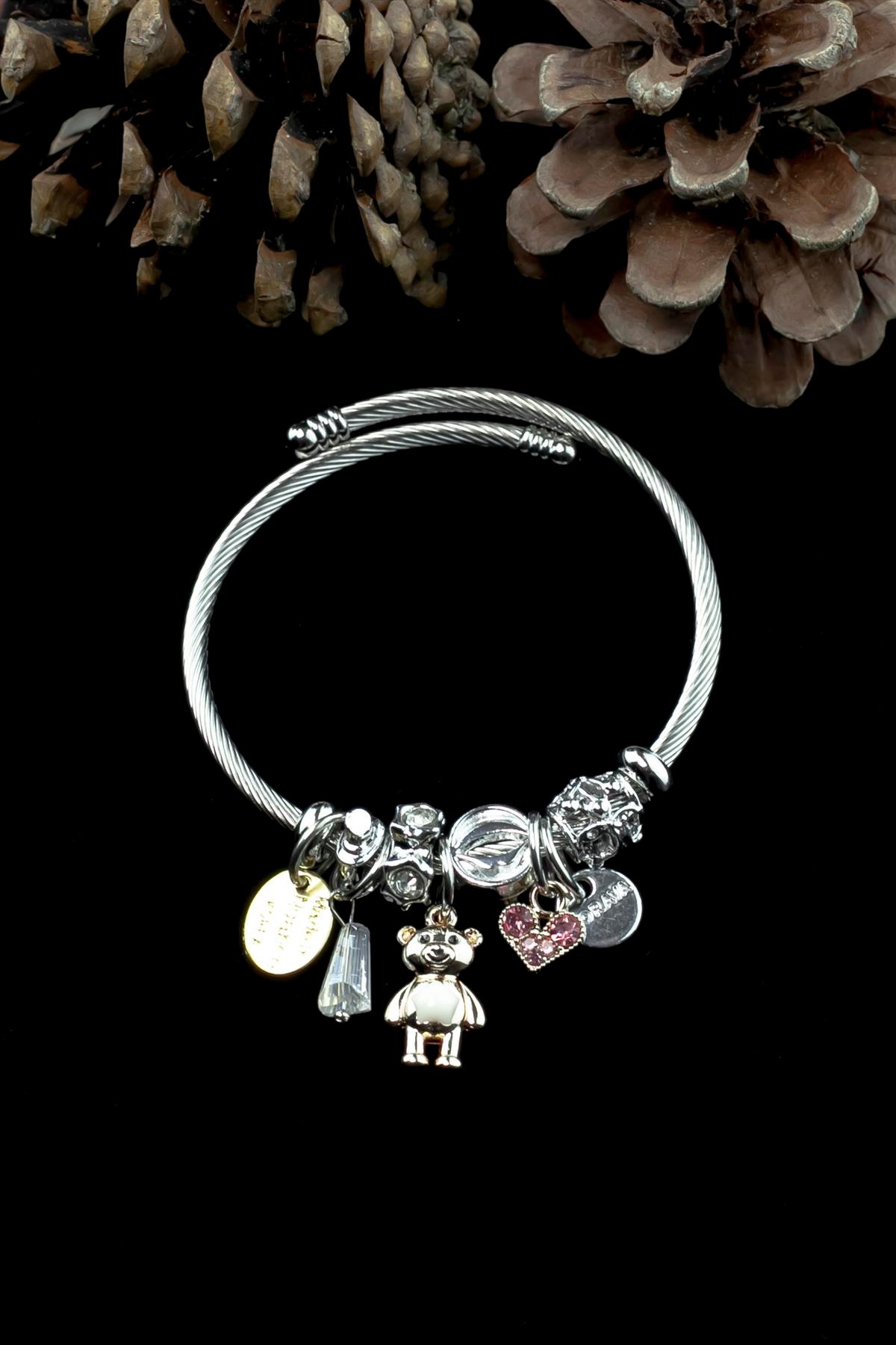 Kararmaz Çelik Pandora Model Bileklik Gold Ayıcık Charm 5221